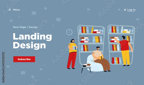 People sitting at bookshelves and reading books in bookstore. Students studying in library. Vector illustration for knowledge, bookworm, literature, education concept