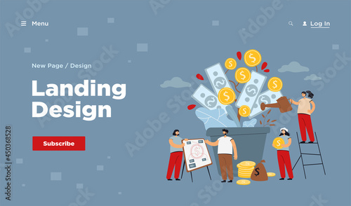 Happy rich people growing financial plant, watering money tree at pile of cash, analyzing wealth and prosperity. Vector illustration for business, finance, revenue, investing concept