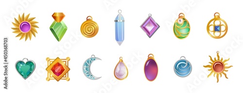 Magical amulets of different shapes vector illustrations set. Gemstone necklace pendants for witch or wizard isolated on white background. Magic, witchcraft, fantasy concept for UI, GUI or game design