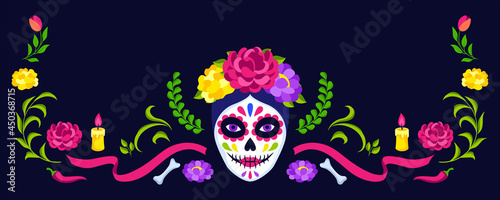 Day of the Dead decorative frame. Dia de los muertos. Mexican celebration.