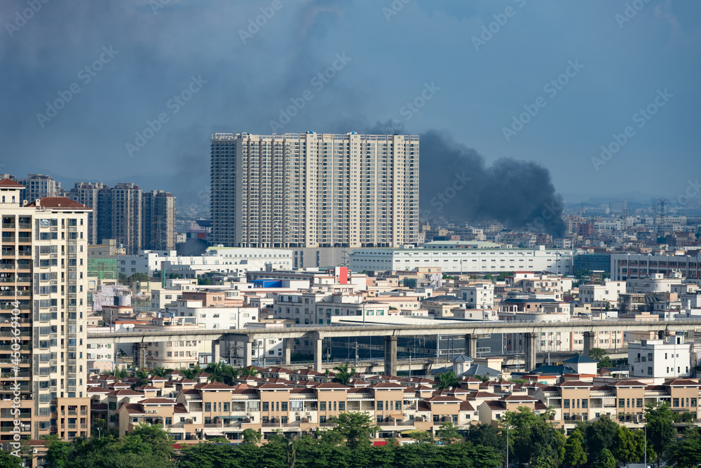 fire with lots of buildings surrounded