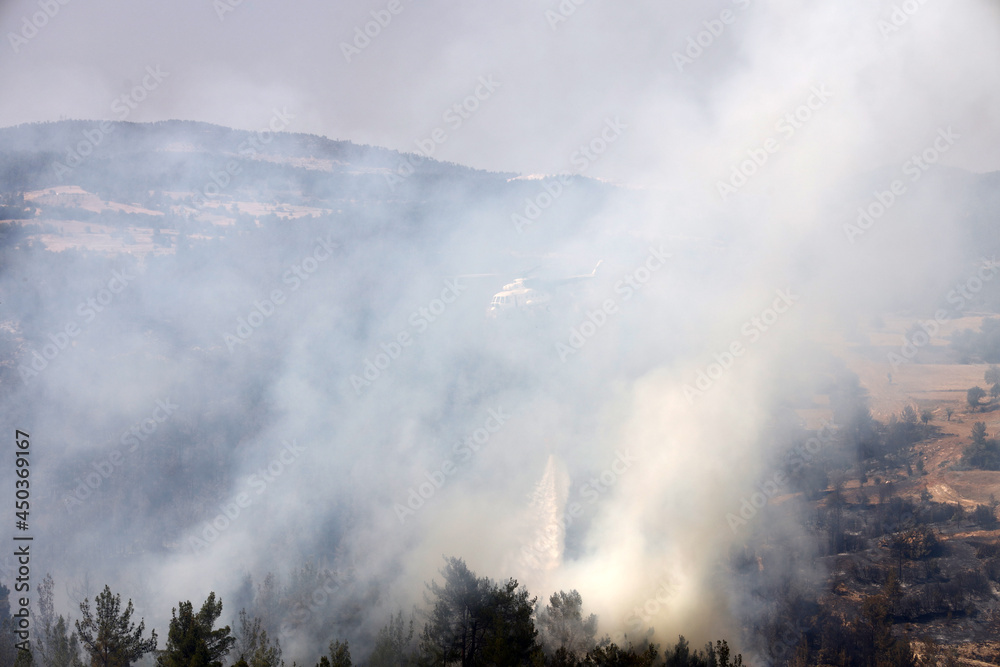 Obraz premium fire fighting helicopter leaves water to the forest fire