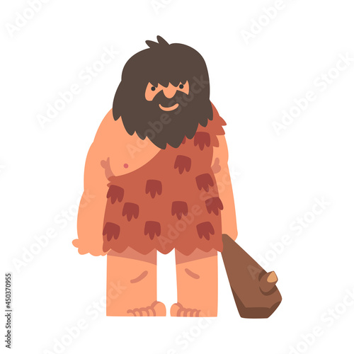 Primitive Man Character from Stone Age Wearing Animal Skin and Holding Bludgeon Vector Illustration