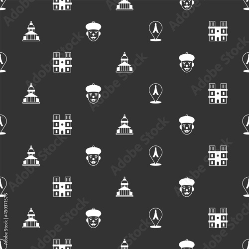 Set Eiffel tower, Notre Dame de Paris, Museum building and French mime on seamless pattern. Vector