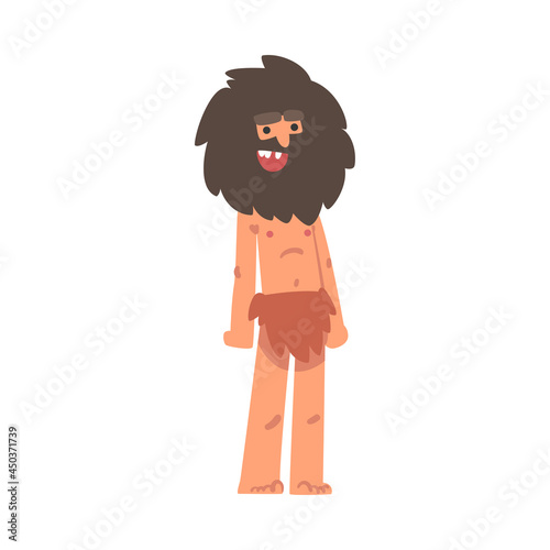 Standing Primitive Bearded Man Character from Stone Age Wearing Animal Skin Vector Illustration