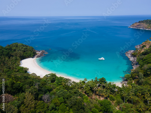 Aerial view tropical beach and sea Top down view of drone. Andaman sea Phuket Thailand.