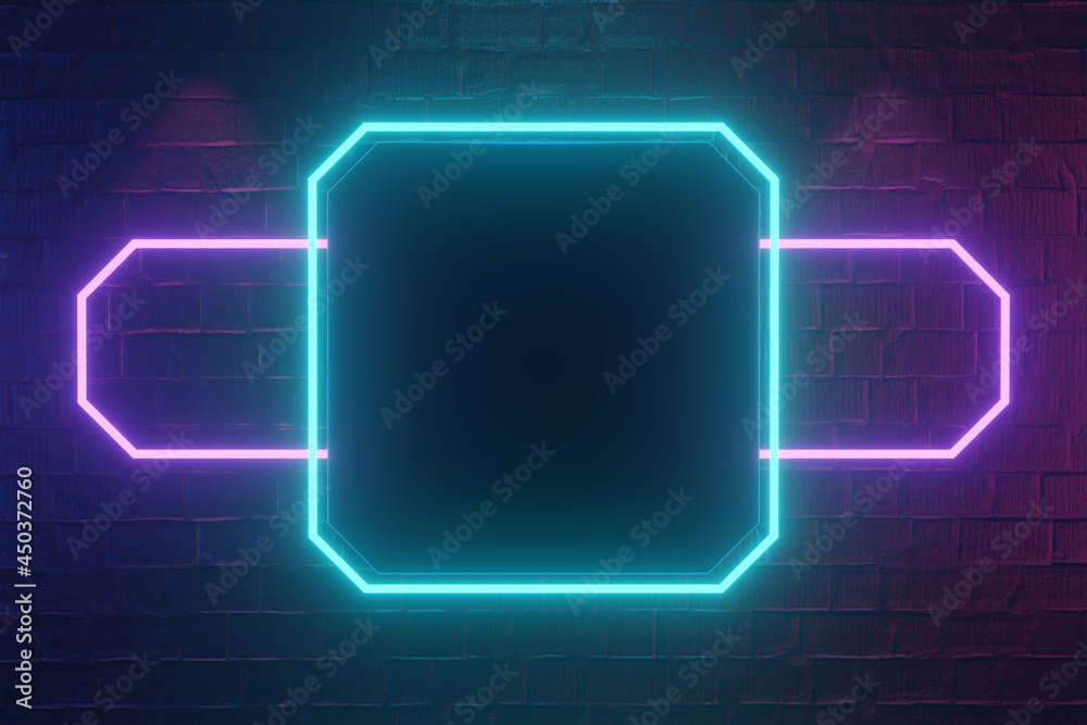 Digital product background. Blank rectangle frame lighting on dark red bricks with blue pink light reflection background. 3D illustration rendering.