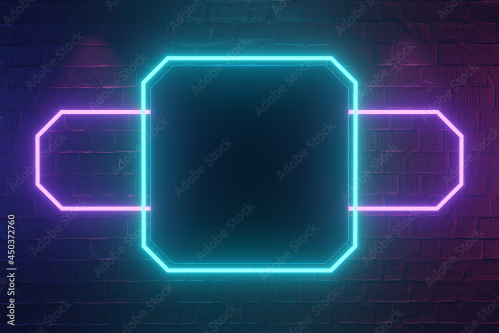 Digital product background. Blank rectangle frame lighting on dark red bricks with blue pink light reflection background. 3D illustration rendering. Digital product background. Blank rectangle frame lighting on dark red bricks with blue pink light reflection background. 3D illustration rendering.