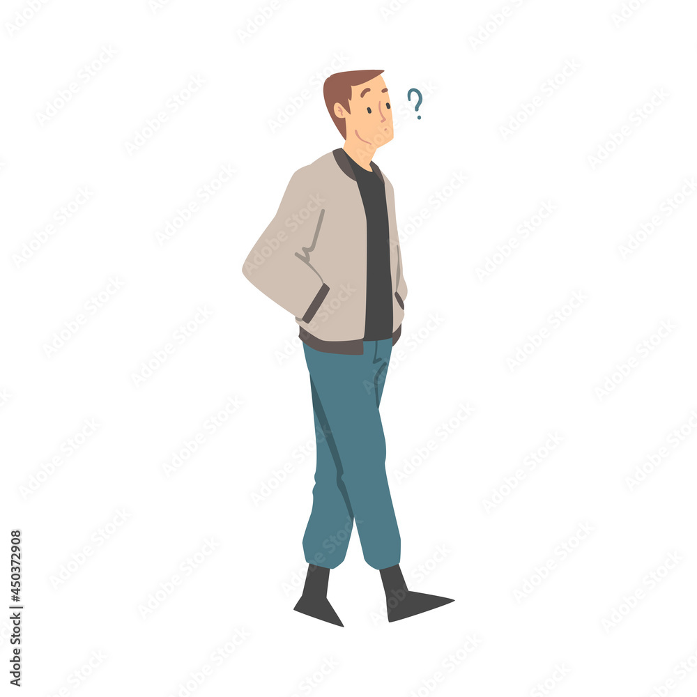 Thoughtful Man Character and Question Mark Thinking Over the Matter Vector Illustration