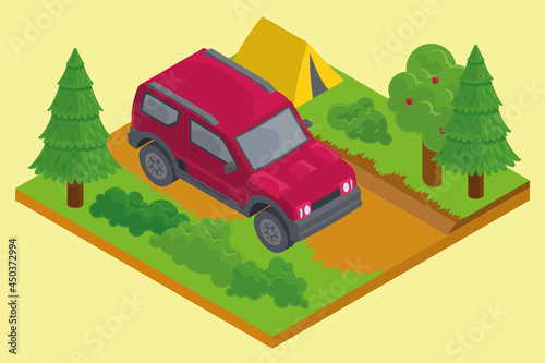 Isolated 3d isometric red van riding on a land