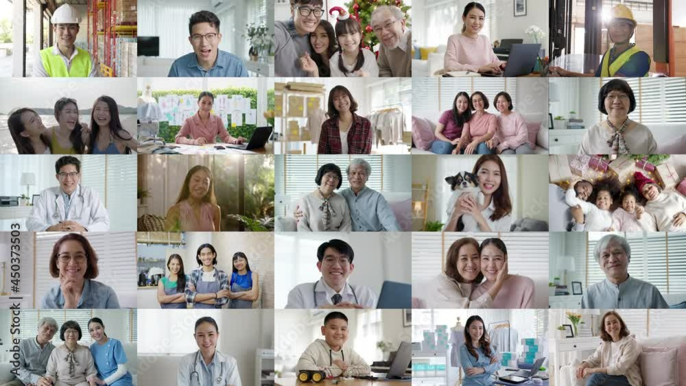 Mixed age range face or multi ethnic screen group of asia people power look at camera enjoy laugh talk of Doctor worker, senior SME owner, teen college student in 5G IOT job life at home office.