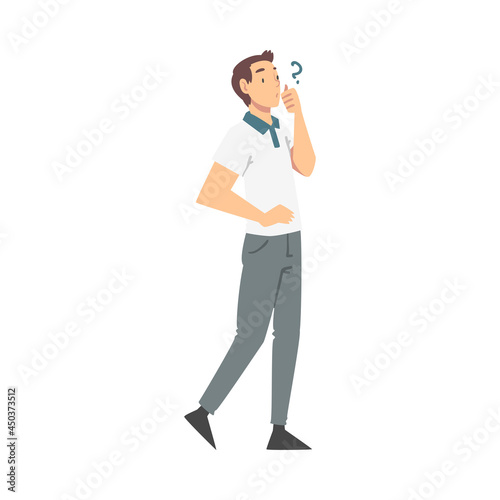 Thoughtful Man Character and Question Mark Thinking Over the Matter Vector Illustration