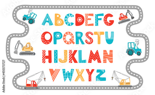 Bright funny alphabet, Scandinavian style. Cartoon vector illustration. Childrens construction machinery collection. Excavator, tractor, crane. For kids, nursery, poster, birthday, wallpaper, design