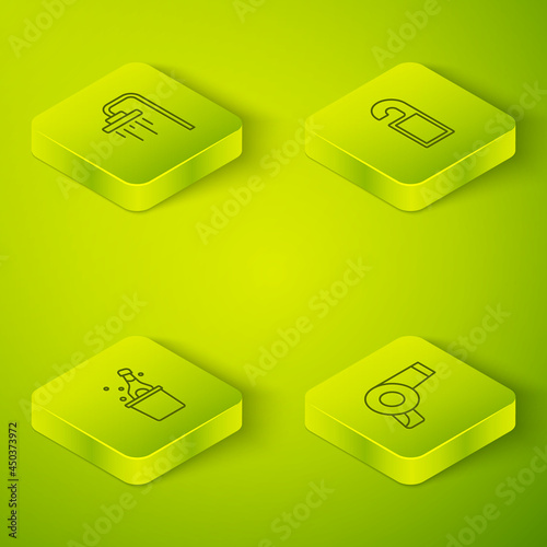 Set Isometric line Please do not disturb, Bottle of champagne, Hair dryer and Shower icon. Vector