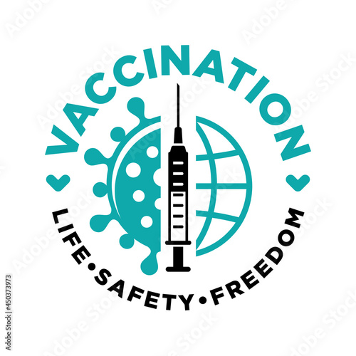 COVID-19 global vaccination concept. Medical syringe with needle, Vial and bottle with the drug against coronavirus. Life, safety, freedom travel. Vector on transparent background