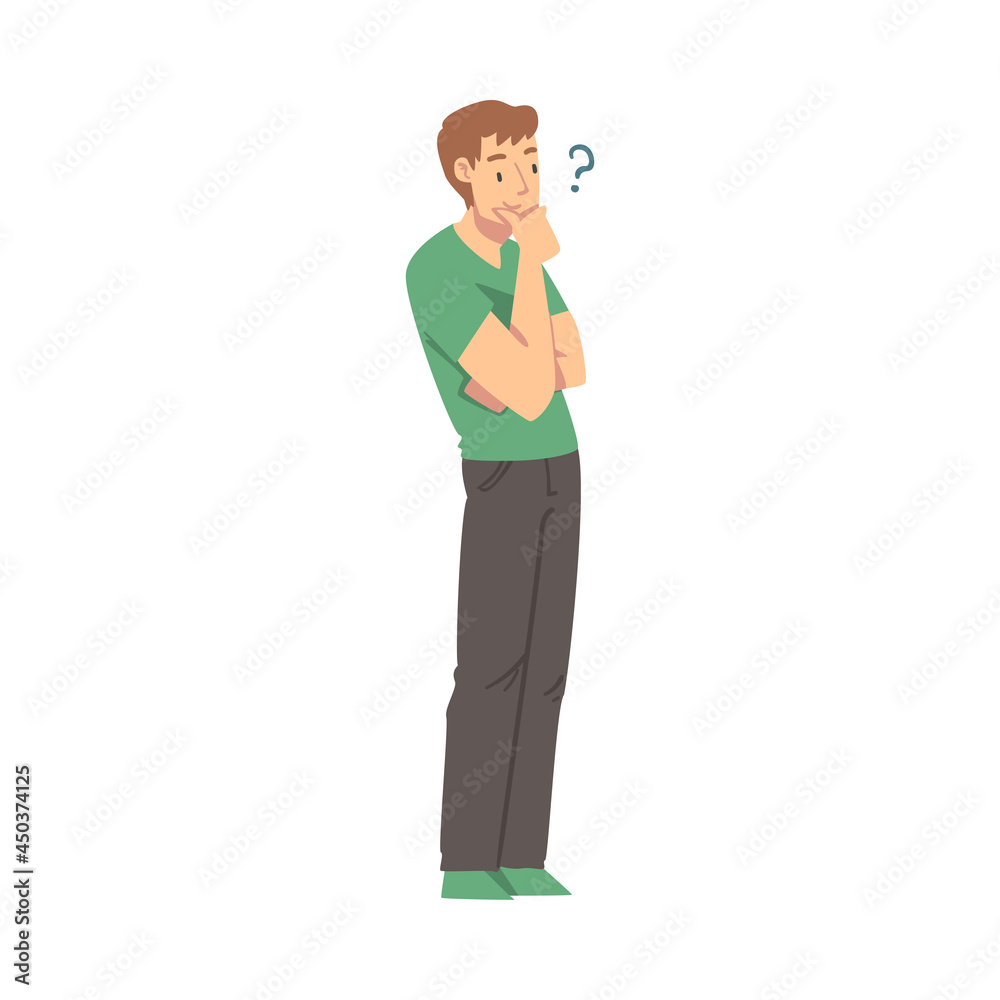 Thoughtful Man Character with Hand on Chin and Question Mark Thinking Over the Matter Vector Illustration Thoughtful Man Character with Hand on Chin and Question Mark Thinking Over the Matter Vector Illustration