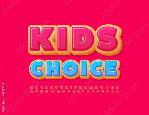 Vector creative badge Kids Choice. Sweet Alphabet Letters and Numbers set. Pink glazed Font