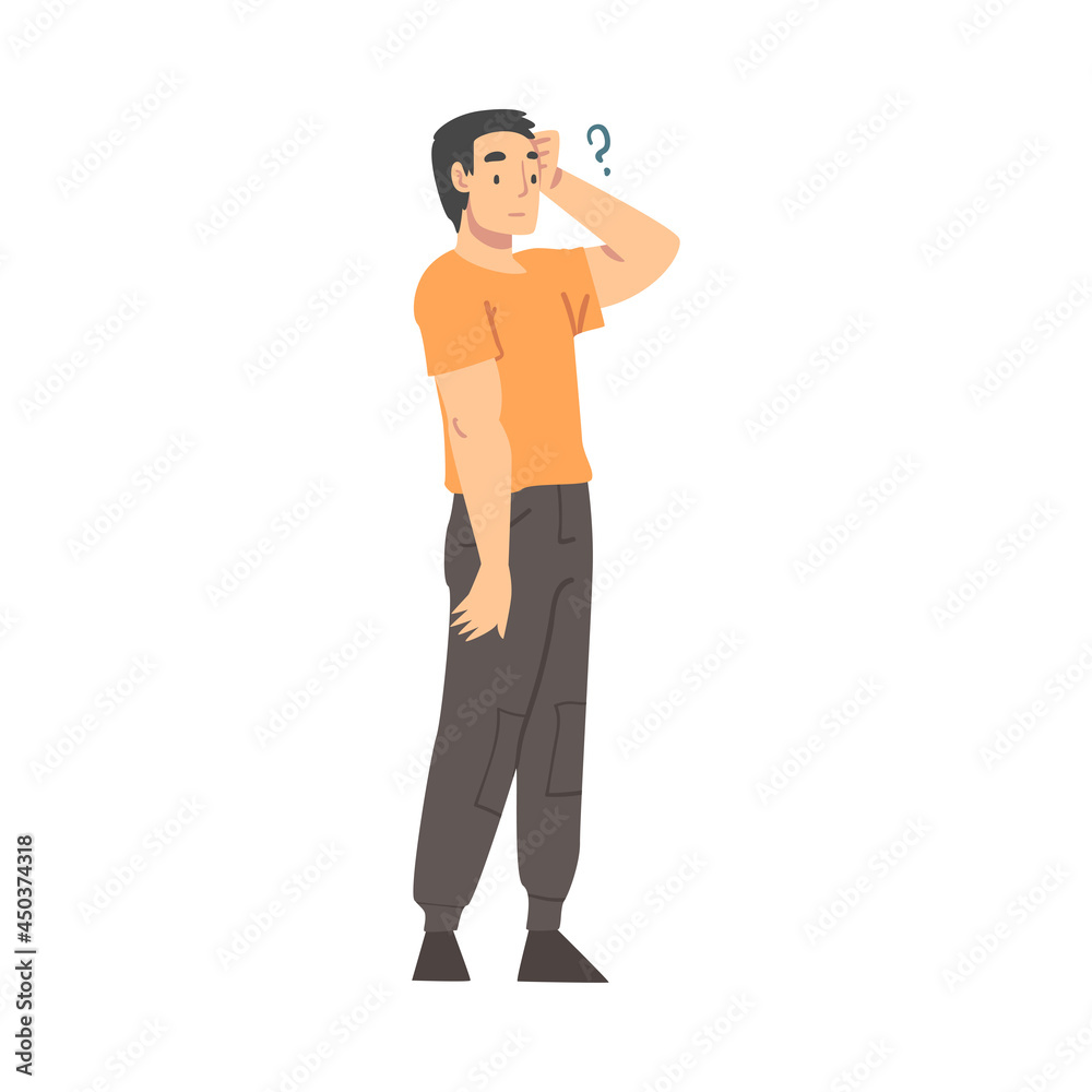 Thoughtful Man Character Scratching Head and Question Mark Thinking Over the Matter Vector Illustration