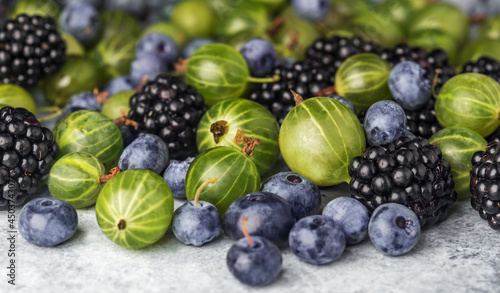 background of berries, gooseberries, mulberries and blueberries