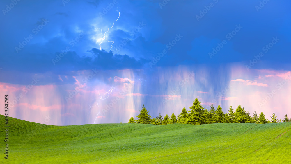 Rain over rural landscape with lightning at sunset Rain over rural landscape with lightning at sunset