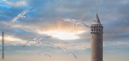 Galata Tower with seagulls flying - Istanbul, Turkey