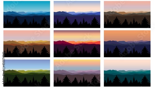 mountain landscape vector illustrations with trees and skies