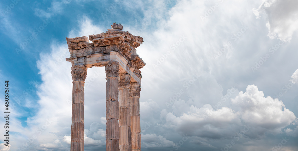 Columns of the ancient city of Pergamon amazing stormy clouds in the background - Bergama - Turkey