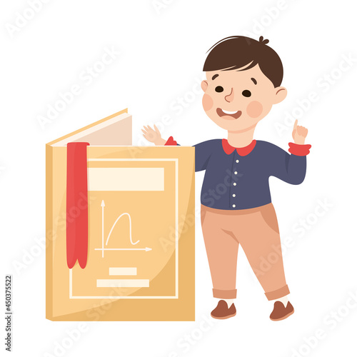Cute Boy with Huge Book as School Stationery Vector Illustration