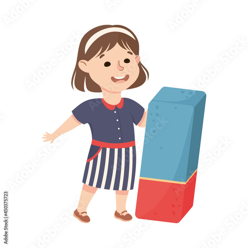 Cute Girl with Huge Eraser as School Stationery Vector Illustration