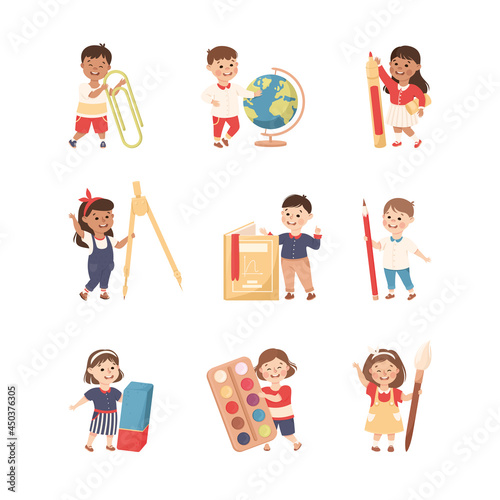 Cute Children with Huge School Stationery Like Globe and Book Vector Set
