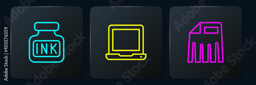 Set line Inkwell, Paper shredder and Laptop. Black square button. Vector