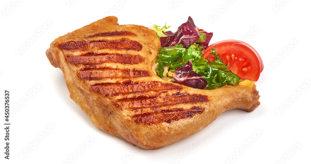 Roasted chicken quarters with mix salad, isolated on white background. Roasted chicken quarters with mix salad, isolated on white background.