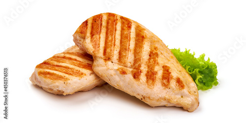 Grilled chicken fillet with tomato sauce, isolated on white background. photo