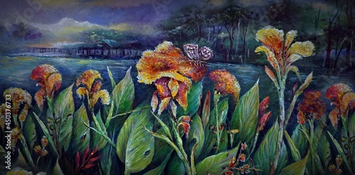 Art oil painting flower in garden thailand , vegetation ,  natural beauty , wildflower