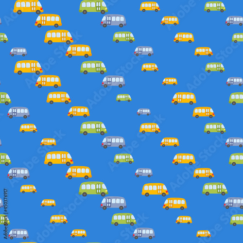 Seamless pattern with cute bus, car on color background. Cartoon transport. Vector illustration. Doodle style. Design for baby print, invitation, poster, card, fabric, textile