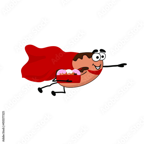 Creative template with flying donut. Food service delivery. Cartoon vector Illustration on a white background