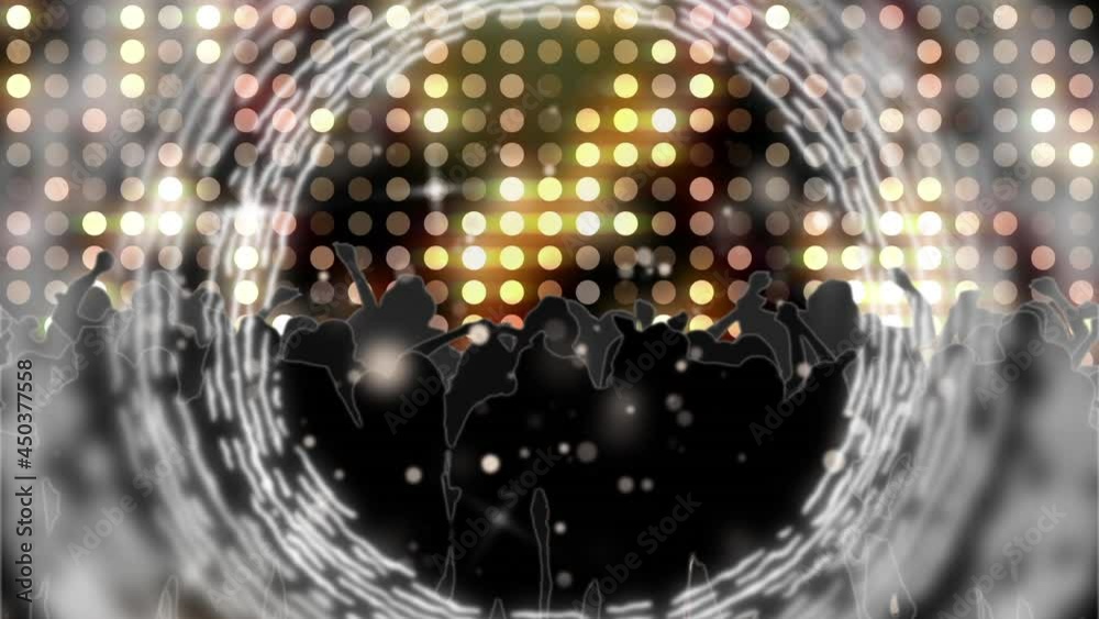 Animation of white rings, with silhouetted dancing crowd and orange and yellow lights Animation of white rings, with silhouetted dancing crowd and orange and yellow lights