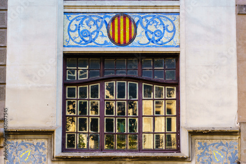 Stained glass window of the old pharmacy of Doctor Genové, architect Enric Sagnier in Rambla de Barcelona, Spain photo