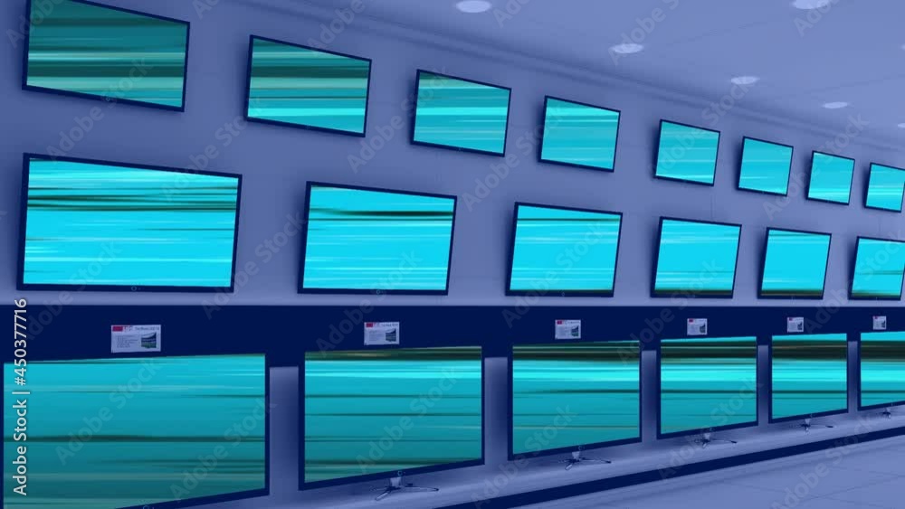 Animation of rows of television sets in store with glowing screens with copy space Animation of rows of television sets in store with glowing screens with copy space