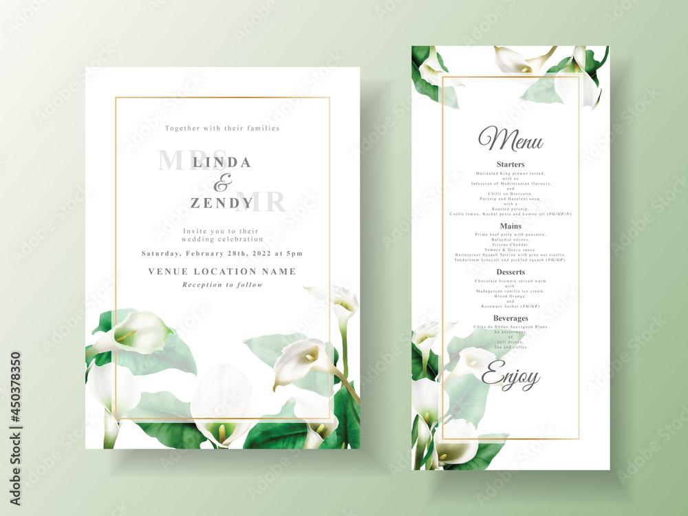 Minimalist wedding invitation with cala lily design