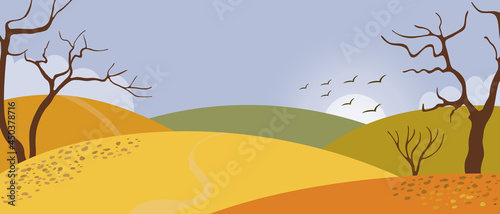 Fototapeta Naklejka Na Ścianę i Meble -  Autumn panoramic landscape in flat cartoon style, splash for cover or postcard. Nature of mountains and fields, template for the seasonal calendar.