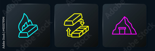 Set line Molten gold being poured, Gold mine and exchange money. Black square button. Vector