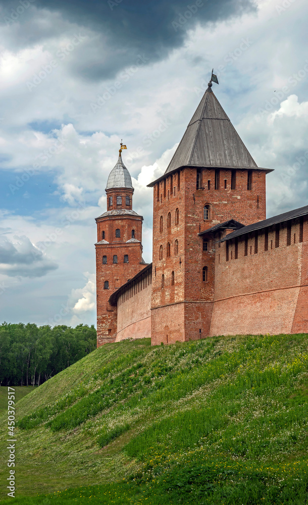 Fortress wall and towers. Kremlin in the city of Novgorod, Russia	
