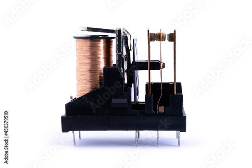 Canvas Print Electromagnetic relay isolated on white background, opened without cover