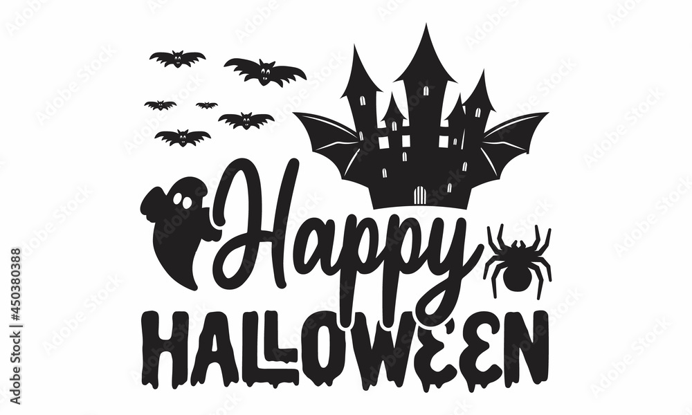 Happy Halloween, hand lettering, Vector illustration of witch on white background, Halloween invitation and greeting Happy Halloween, hand lettering, Vector illustration of witch on white background, Halloween invitation and greeting