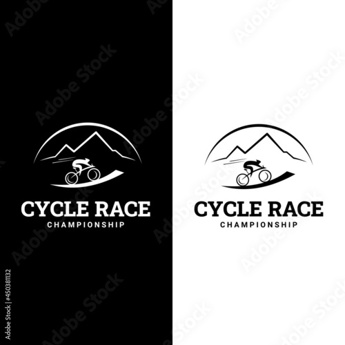 People riding bicycle logo illustration vector icon template. Cycle race. Sport emblem.