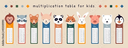 Animal multiplication table for kids. Childish funny cartoon stickers children class education, printable bookmarks. Vector