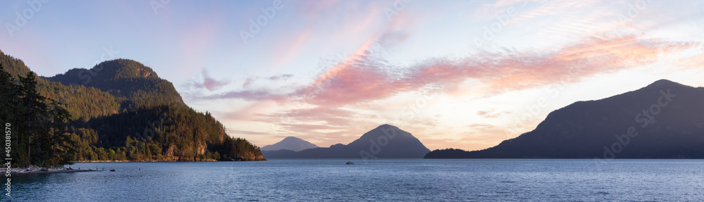 Canadian Nature Mountain Landscape Background. Sunny Colorful Sunset Sky Art Render. View of Howe Sound, between Squamish and Vancouver, British Columbia, Canada.