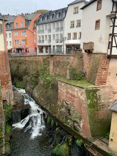 Saabburg, Germany May 25, 2020. The city is located on the Grundbach brook, which flows into the Saar River. Waterfall in the city center.
