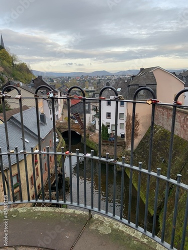 Saabburg, Germany May 25, 2020. The city is located on the Grundbach brook, which flows into the Saar River. The bridge of love, on which lovers close the locks, as a symbol of love and fidelity. 